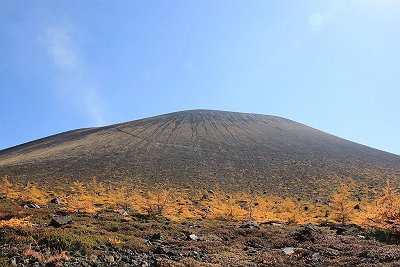 下から浅間山を見る