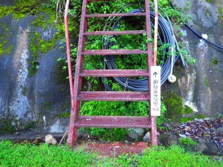 奥駈道行仙宿まで40分と書いてあるけどコースタイム的にどうなんだろう！？このハシゴを登って入山する