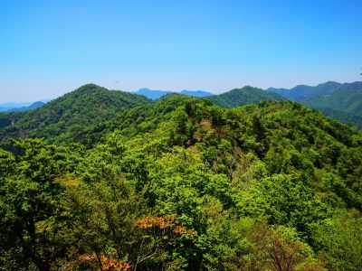 般若岳のピークから少し下りた岩場の上から今まで歩いてきたところを撮影